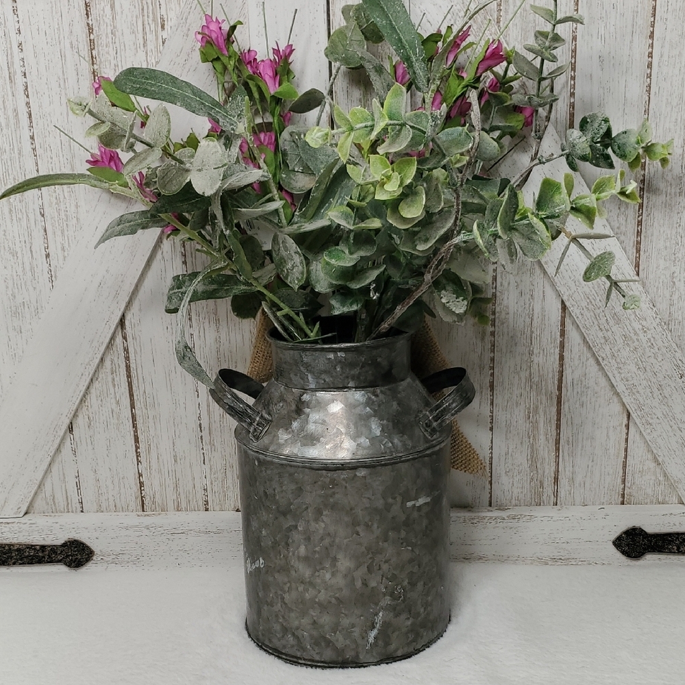 Pink Floral Arrangement in Galvanized Metal Milk Can with Burlap Bow Country - Picture 4 of 6